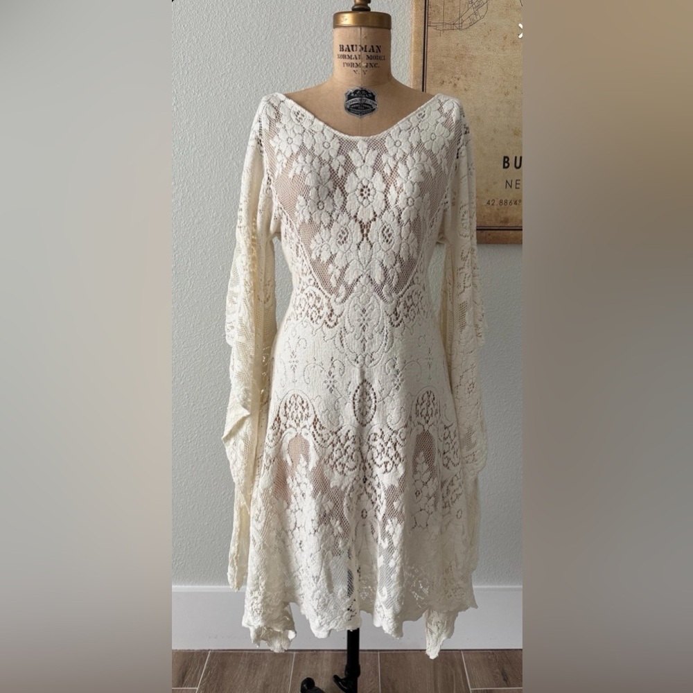 Boho Lace Handkerchief Hem Dress - Cream - Picture 2 of 5